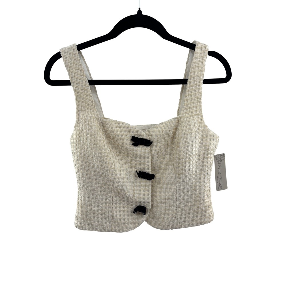 NWT Lizard Thicket Grace Cream Tweed Bow Accent Sleeveless Crop Top Small
